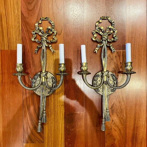 French Louis XVI Style Brass Wall Sconces Ribbon Bow Tassel Vintage 22.5” Cover
