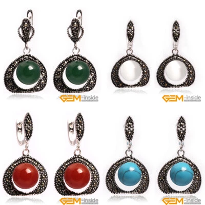 Pendientes colgantes de gancho de marcasita de plata tibetana de piedras preciosas redondas de 10 mm joyas Foto 1 de 4