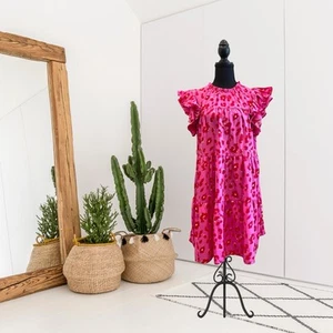 Jodifl Women's M Flutter Pleated Ruffle sleeve Leopard Print Shift Dress Pink - Picture 1 of 12