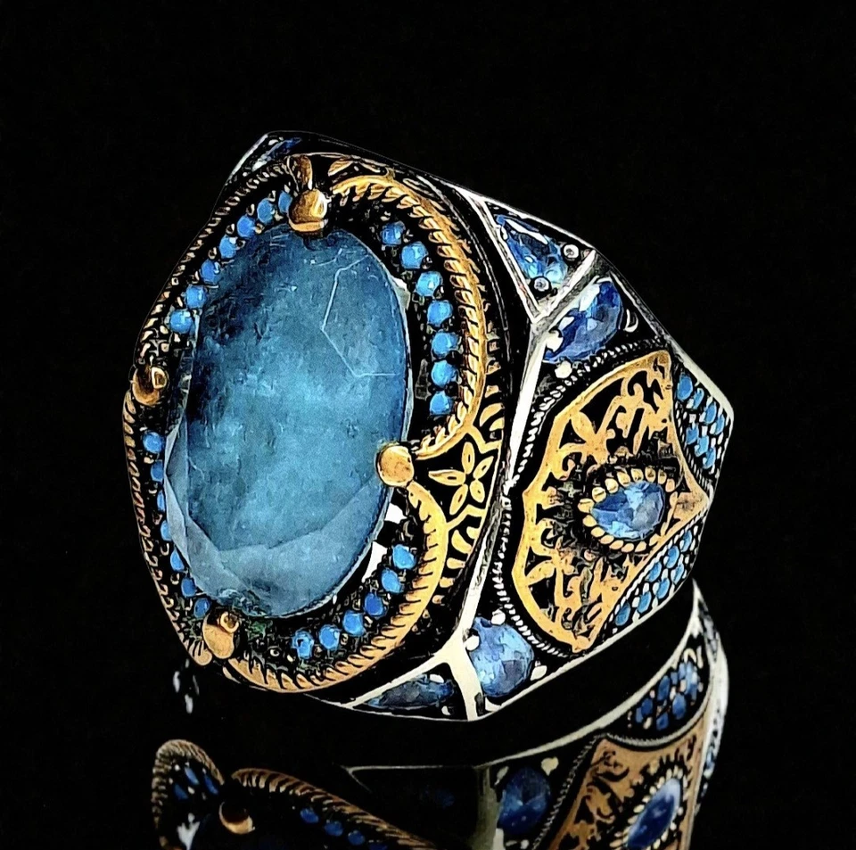 Anel turco feito à mão de jade, turquesa, latão e prata esterlina 0,925, tamanho 10,5. - Imagem 1 de 4