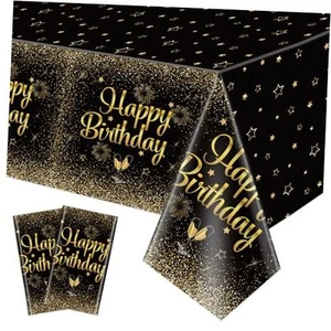 2 Pack Black Gold Happy Birthday Tablecloths, 51x87'' Plastic Disposable - Picture 1 of 8