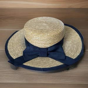 LAURA ASHLEY Hat Womens Boater Straw Hat Navy Grosgrain Ribbon Bow Vintage 80s - Picture 1 of 12