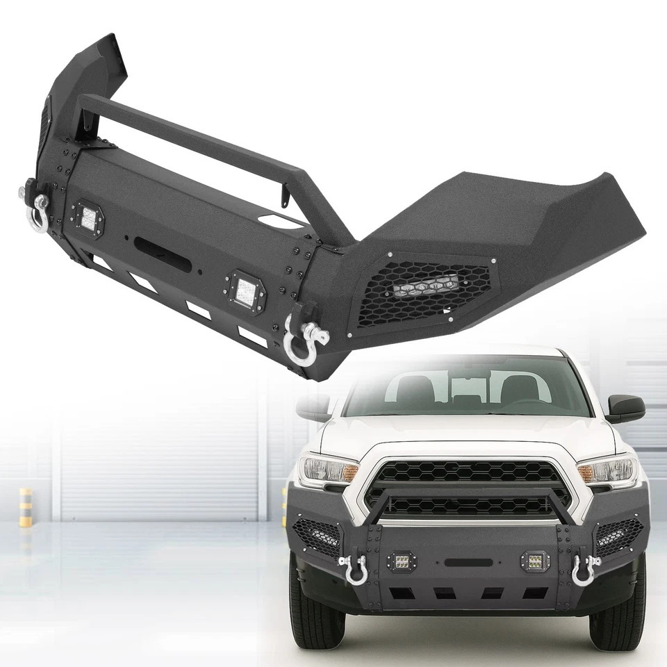 Parachoques delantero de acero con placa de cabrestante y luces LED para Toyota Tacoma 2016-2023 Foto 1 de 4