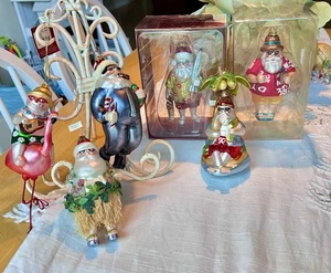 6 Beach Themed Blown Glass Santa Claus Snowman Flamingo Christmas Ornaments - Picture 1 of 17