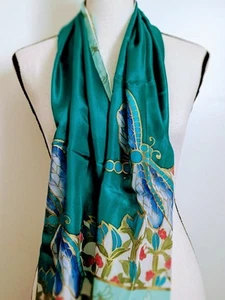 Vintage Libelle Aqua blau kalt rot Blumen länglicher Schal 16 x 52" Made in Turkey - Bild 1 von 10