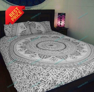 Conjunto de roupa de cama mandala indiana colcha cinza floral capa de edredom arremesso arte - Imagem 1 de 4