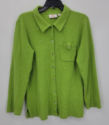 Quacker Factory Cardigan Jacket Womens Medium Lime Green Waffle Knit Rhinestones - Image 1 of 4