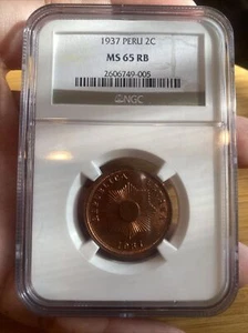 1937 Peru 2 Centavos 2C NGC MS65 RB MOSTLY RED CHOICE COIN - Picture 1 of 3