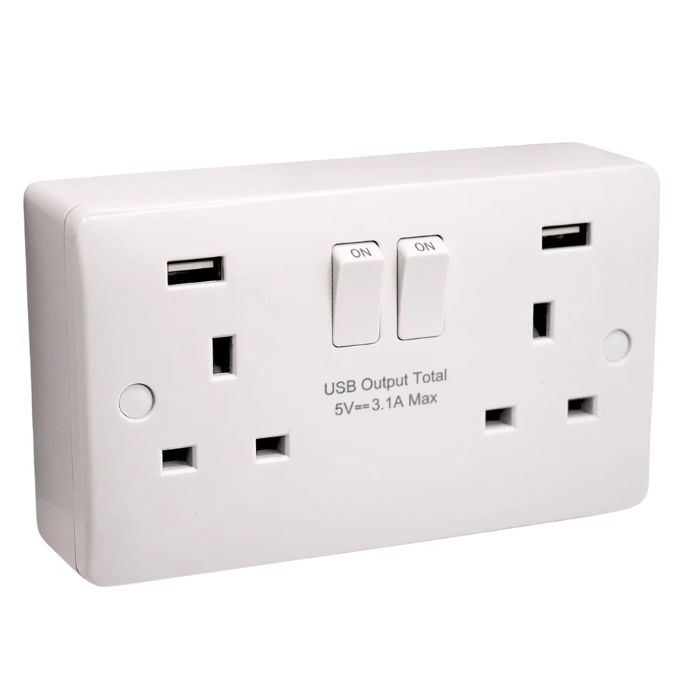 SHPELEC® Curved Edge White 13A 2 Gang Socket and 25mm Surface Mount Back Box - Image 1 of 1