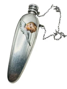 Antique Sterling Silver Chatelaine Flask Bottle Vitreous Enamel Angel Victorian - Picture 1 of 18