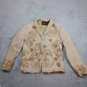 Alex Kim 100% Linen Blazer Jacket Embroidered Sequins Art to Wear Boho Beaded - Picture 1 of 16