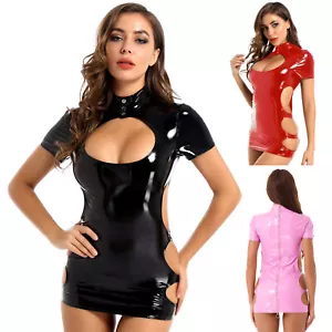 Mini vestido de cuero de PVC de aspecto húmedo para mujer con cremallera frontal recorte lateral ceñido al cuerpo ropa para club nocturno - Imagen 1 de 36