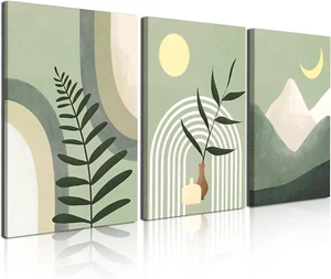Boho Wall Art Painting,Boho Wall Art Set of 3, Sage Green Minimalist Framed Canv - Picture 1 of 6