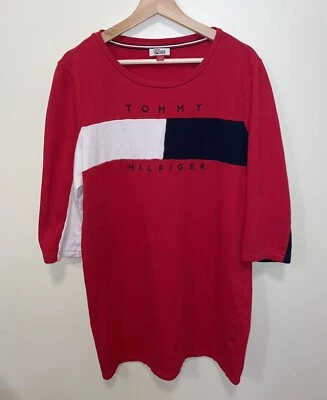 TOMMY HILFIGER DENIM Vintage Red Sweatshirt Dress Logo Sz XL Cotton Blend - Image 1 of 4
