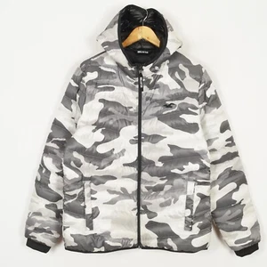 HOLLISTER Men Puffer Jacket Size M Hooded Insulated Grey Down Fill Camouflage - Picture 1 of 15