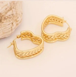 18K Gold Plated Thick Ribbed Heart Shape Hoop Women, Stainless Steel Earrings - Picture 1 of 3