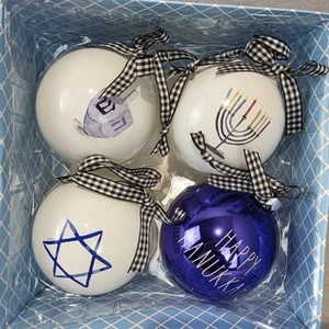 Rae Dunn Happy Hanukkah Glass Ornament Balls Set Of Four EUC - Picture 1 of 7