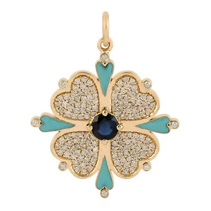 Clover Pendant Studded Diamond Blue Sapphire 14k Yellow Gold Jewelry for Women - Picture 1 of 6