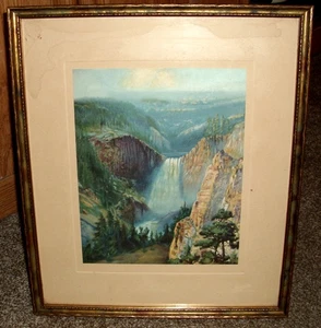 Antiker 1940er Brown & Bigelow Druck Wasserfall Yellowstone Nationalpark Wyoming - Bild 1 von 5