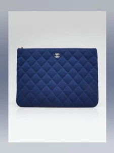 NWT Chanel Blue Quilted Jersey Fabric Medium O-Case Zip Pouch VIP Bag - Picture 1 of 10