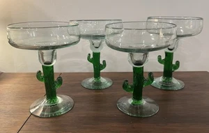 VTG Handblown Green Glass Cactus Shaped Margarita Glasses Set of 4, 15oz Approx - Picture 1 of 13