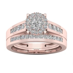 10k Rose Gold 0.75 Ct Diamond Halo Engagement Ring for Women Size 8 Bridal set - Picture 1 of 4