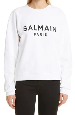 Moletom feminino Balmain Paris logotipo clássico branco GG designer luxo MSRP $795 - Imagem 1 de 4