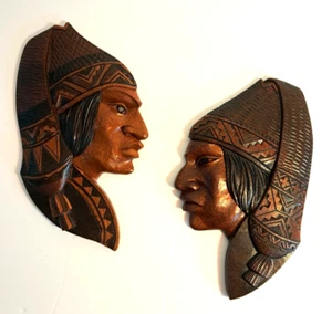 2 alte bolivianische handgeschnitzte Holzgesichter Wandkunst Skulpturen 1980er signiert 6x10 - Bild 1 von 20