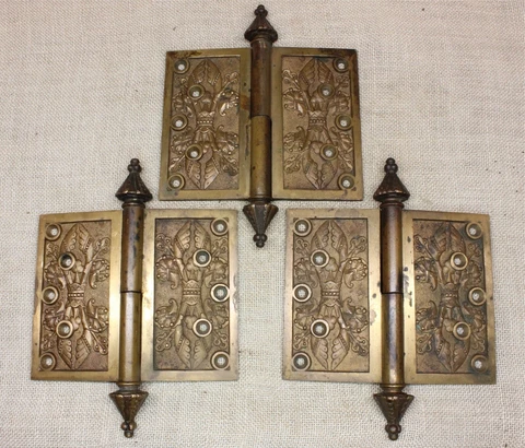 3 Old Door Hinges Bronze Fancy Pintle 5 X 6" Vintage Mansion 1869 Patent Bouquet Cover