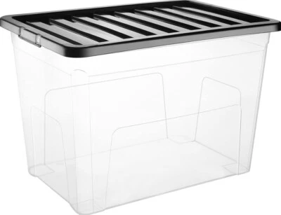 4x 80L Clear Plastic Storage Boxes With Black Lids Stackable Home Kitchen Office - Image 1 of 3