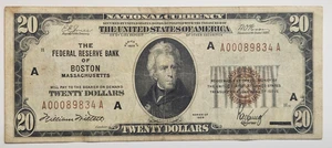 1929 $20 The Federal Reserve Bank of Boston Massachusetts Note A00089834A - Picture 1 of 2