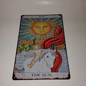 Tarot Card "The Sun" Tin Metal Sign 8"X12"  Child Horse Sunflowers - Picture 1 of 5