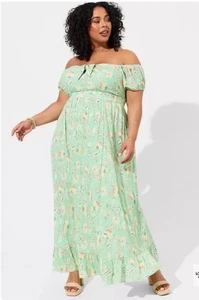 Torrid 2 Dress Womens Maxi Gauze Off Shoulder Tie Front Dress Green Milkmaid - Picture 1 of 11