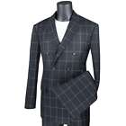 VINCI Men's Windowpane Double Breasted 6 Button Modern Fit Suit NEW