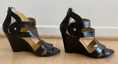 Nine West Size 8 Black Leather High Wedge Shoes Open Toe/Cut-Outs/Exposed Zip - Image 1 of 4