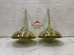 Brass Large Hanging Light & Shade - Vintage Nautical Ceiling Pendant Lamp Pair - Picture 1 of 10