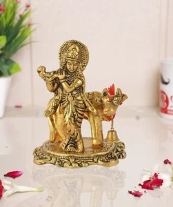 Krishna Kamdhenu Cow Statue Vastu Showpiece Figurine Religious Idol Home Office - Picture 1 of 4