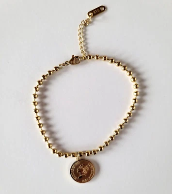 Pulsera de cuentas Adornia para mujer con dije de moneda enchapada en oro amarillo nueva precio de venta sugerido por el fabricante $150 Foto 1 de 4