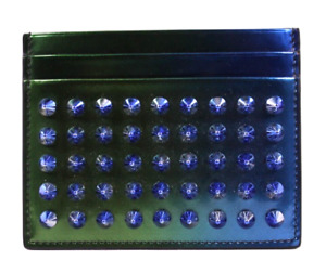 CHRISTIAN LOUBOUTIN Green & Blue Iridescent Leather Studded KIOS Card Case NEW