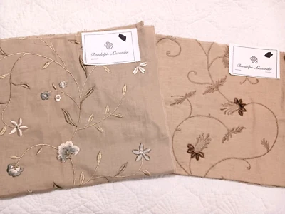 Randolph Alexander Linen Blend Floral Embroidered Fabric Samples Tan Blue Brown - Image 1 of 4