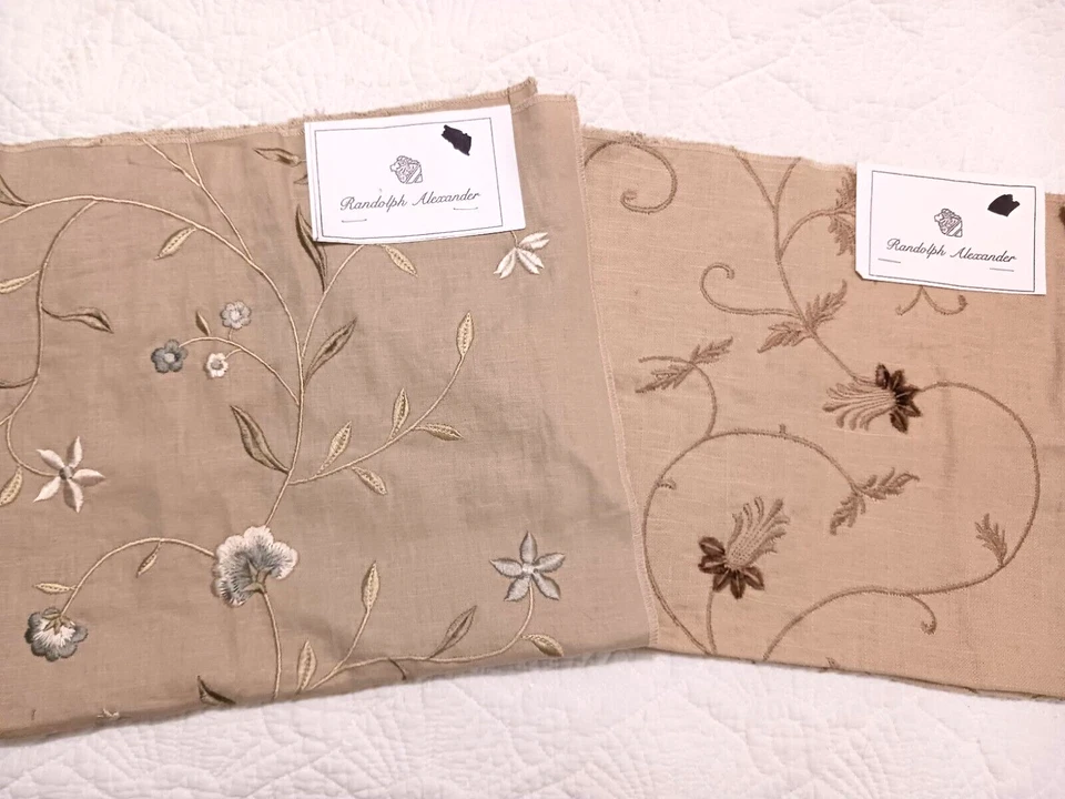 Randolph Alexander Linen Blend Floral Embroidered Fabric Samples Tan Blue Brown - Image 1 of 4