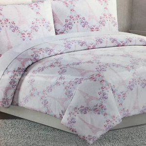 2pc Nicole Miller Eiffel Tower TWIN Comforter Sham Set Paris Floral Pink Purple - Picture 1 of 8