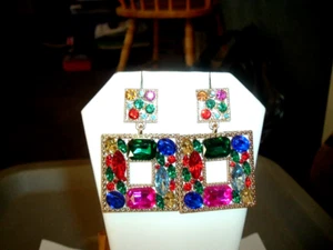 GORGEOUS MULTICOLOR Crystal SQUARE DOORKNOCKER Betsey Johnson Pierced EARRINGS - Picture 1 of 7
