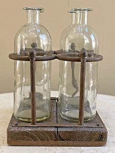 Rustic Farmhouse Bottle Holder Stand Holds 4 Bottles Wood Metal Country Decor - Picture 1 of 7
