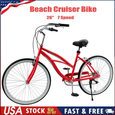 26 Inches 7 Speed Women's Bicycle Girl's Urban Lady Beach Cruiser Bike Red U - Image 1 of 4