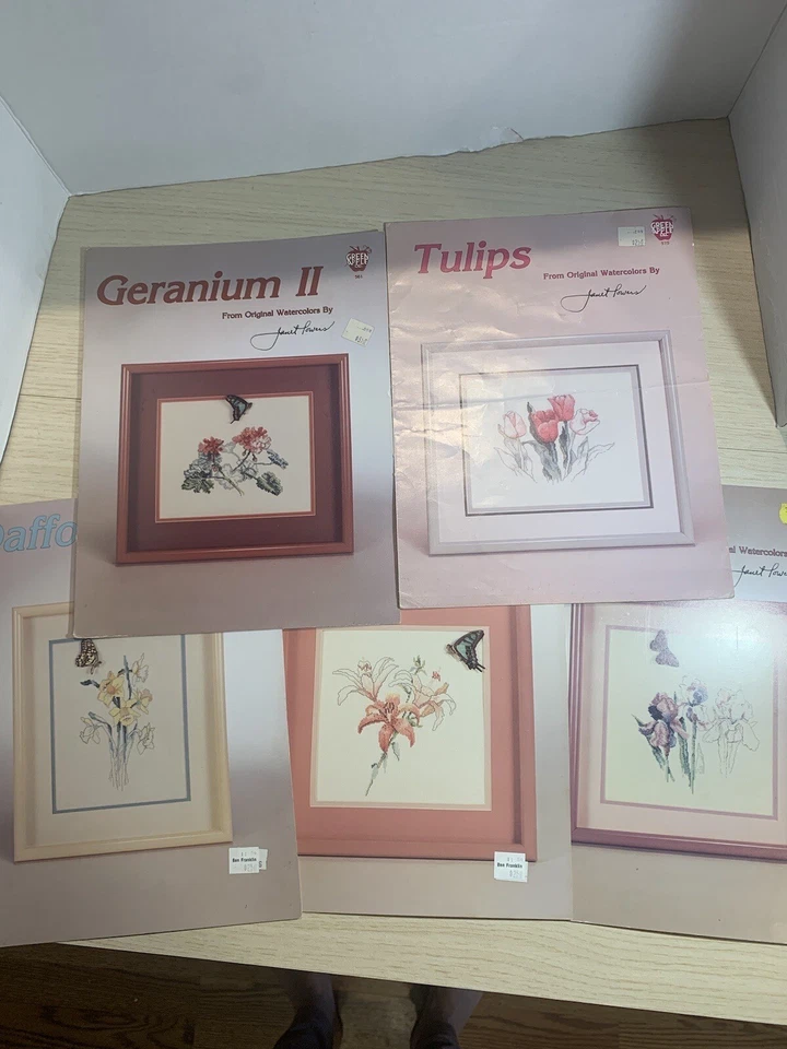 Lot Of 5 Counted Cross Stitch Patterns By Green Apple Co. Daffodil, Tulips,Iris - Image 1 of 4