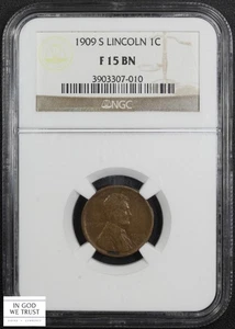 1909 S Lincoln Wheat Copper Cent 1C NGC F 15 BN - Picture 1 of 5