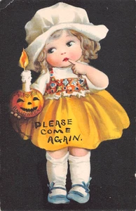 um 1915? unsgd. Clapsaddle Mädchen mit Jack O' Laterne & Kerze Halloween Postkarte - Bild 1 von 2