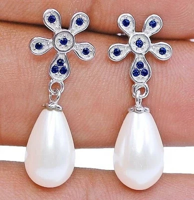 0.5CT Fresh Water Pearl & Treated Sapphire 925 Sterling Silver Earrings Y1-2 - Image 1 of 2