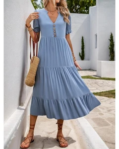 Everyday the Label Notched Short Sleeve Tiered Midi Dress Women Light Blue - Picture 1 of 10